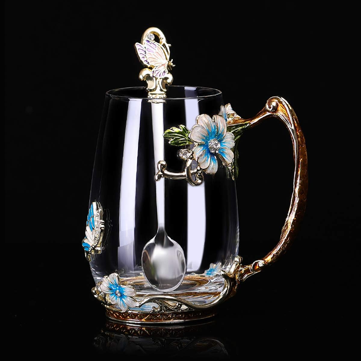 Luka Tech Handmade Enamel Butterfly Flower Glass Coffee Mugs Tea Cup with Spoon,Best Birthday Gifts for Her Women Mum Friends Mothers Day - Image 3