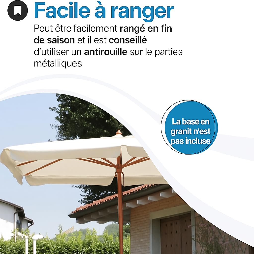 Tomaino - Parasol de jardin 3 x 4 m avec double poulie et bâche résistante aux UV et coupe-vent 210 g, écru, 3x4