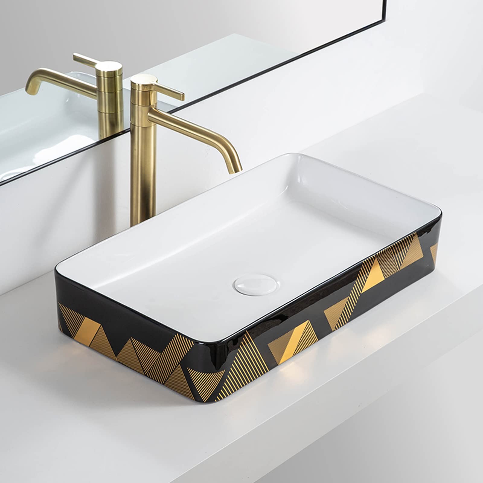 Zlewozmywak nablatowy nablatowy, zlew łazienkowy, ceramiczny zlew porcelanowy prostokątny czarny zlew na naczynia ze złotymi liniami dekorującymi wygląd zewnętrzny, L 60 cm x szer. 33,8 cm x wys. 10,9