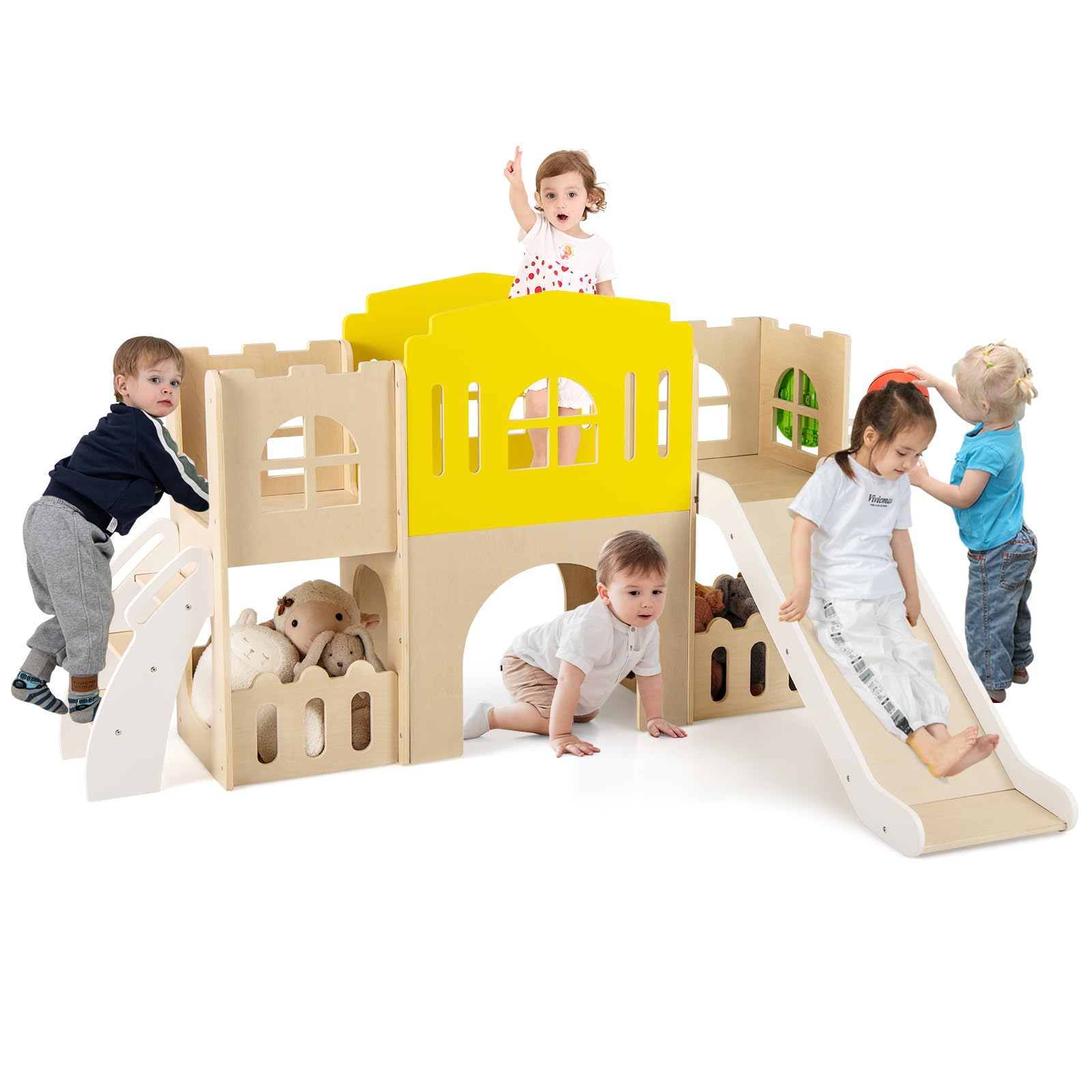 DREAMADE 7-in-1 Kinderrutsche Holz, Kinder Rutsche mit Basketballkorb & Kletterleiter, Klettergerüst Indoor mit Gucklochfenster, Tunnel & Stauraum, Spielplatz, Gartenrutsche für Kinder ab 3 Jahren