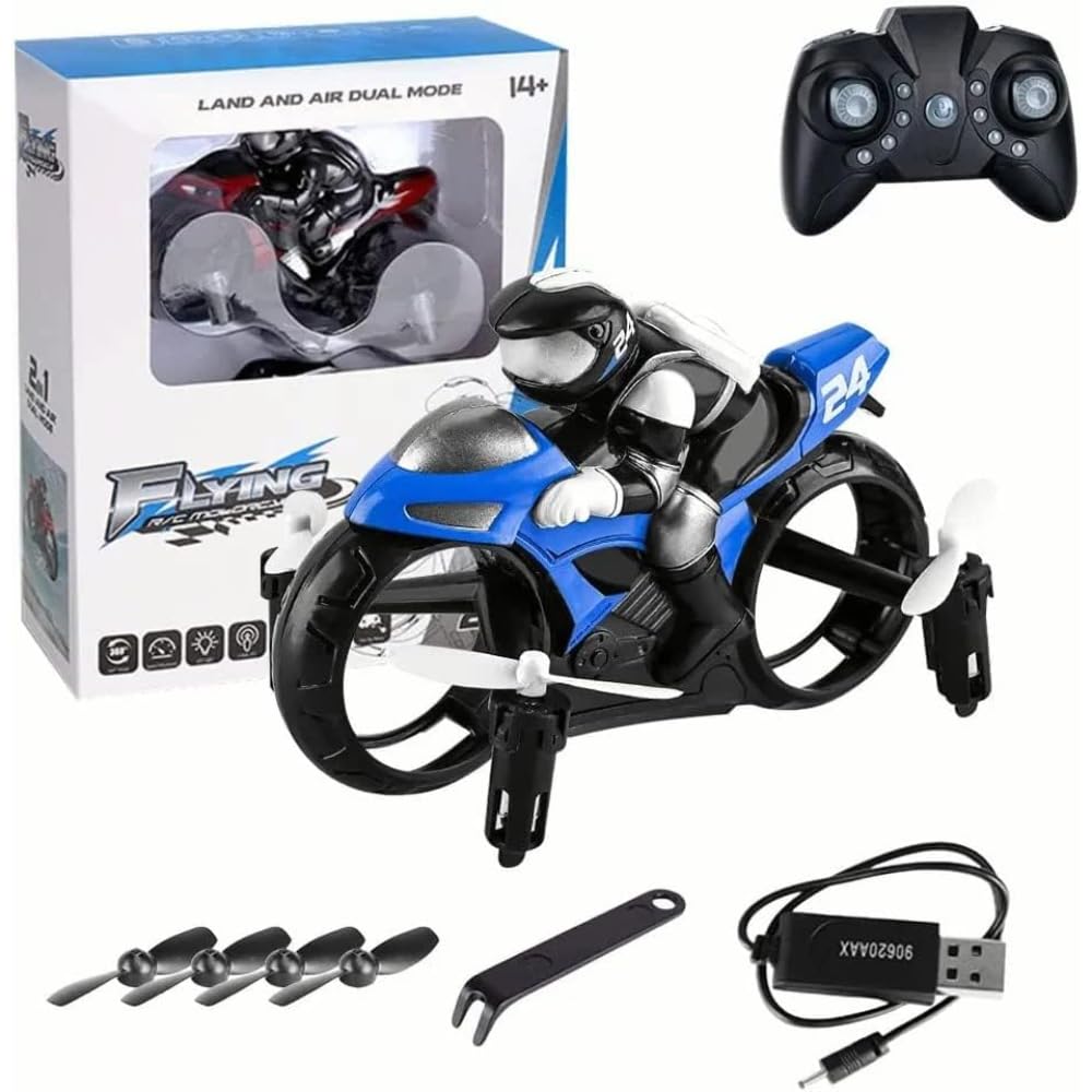 BellsberryRemote Control Motorcycle Toys | Electric 2.4GHz Mini Flying Motorcycle with Light Up Wheels | Land & Air 360° Rotating Drift Stunt High Speed Motorbikes Riding Figure Toys for Kids (Blue)
