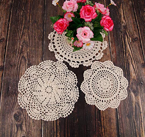 YINGYOU 12Pcs Hand Crochet Doilies Round Beige Vintage Wedding Tea Party 5-12 inches(Beige)