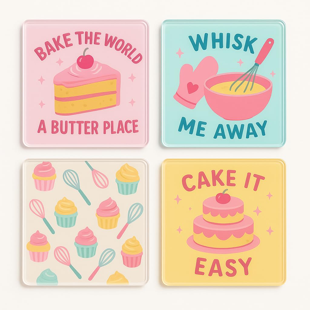 The Plum Penguin Baking Blissful Joys Acrylic Coaster Gift Set Of 4 With Baking Puns - Playful Kitchen Decor For Baking Lovers And Mum's Delight