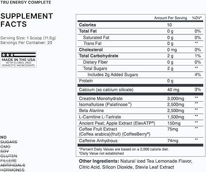 TRU Supplements Supplements Energy, Pre Workout Training Formula, Vegan Friendly, No Jitters, Improve Workout Performance, Naturally Extracted Flavors, 20 Servings (Iced Tea Lemonade)