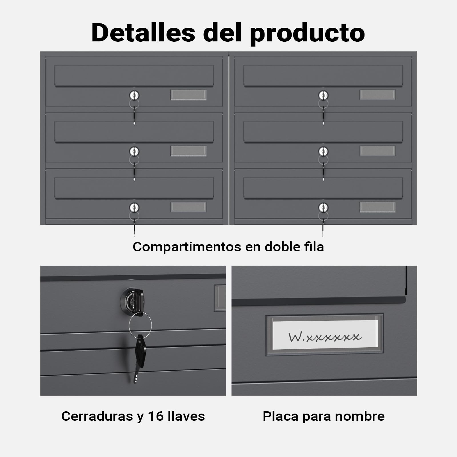Wiltec Sistema de 8 buzones Color Antracita Acero galvanizado Resistente a la Intemperie con cerraduras de Cilindro y Llaves instalación Independiente Espacio Amplio para Cartas y Paquetes pequeños