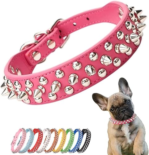 Pimaodog Collar de perro con tachuelas, ajustable de cuero suave para perros pequeños y medianos, bulldog pitbull, mastín caniche y boxeador (M,