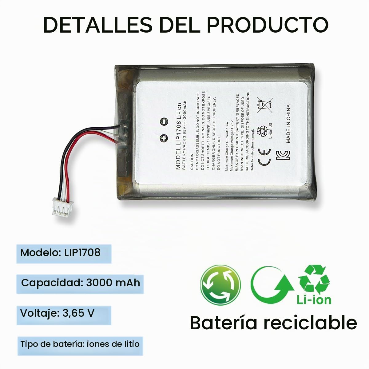 Batería de repuesto para controlador PS5 PlayStation 5 LIP1708 CFI-ZCT1W, 3000 mAh, 3,65 V