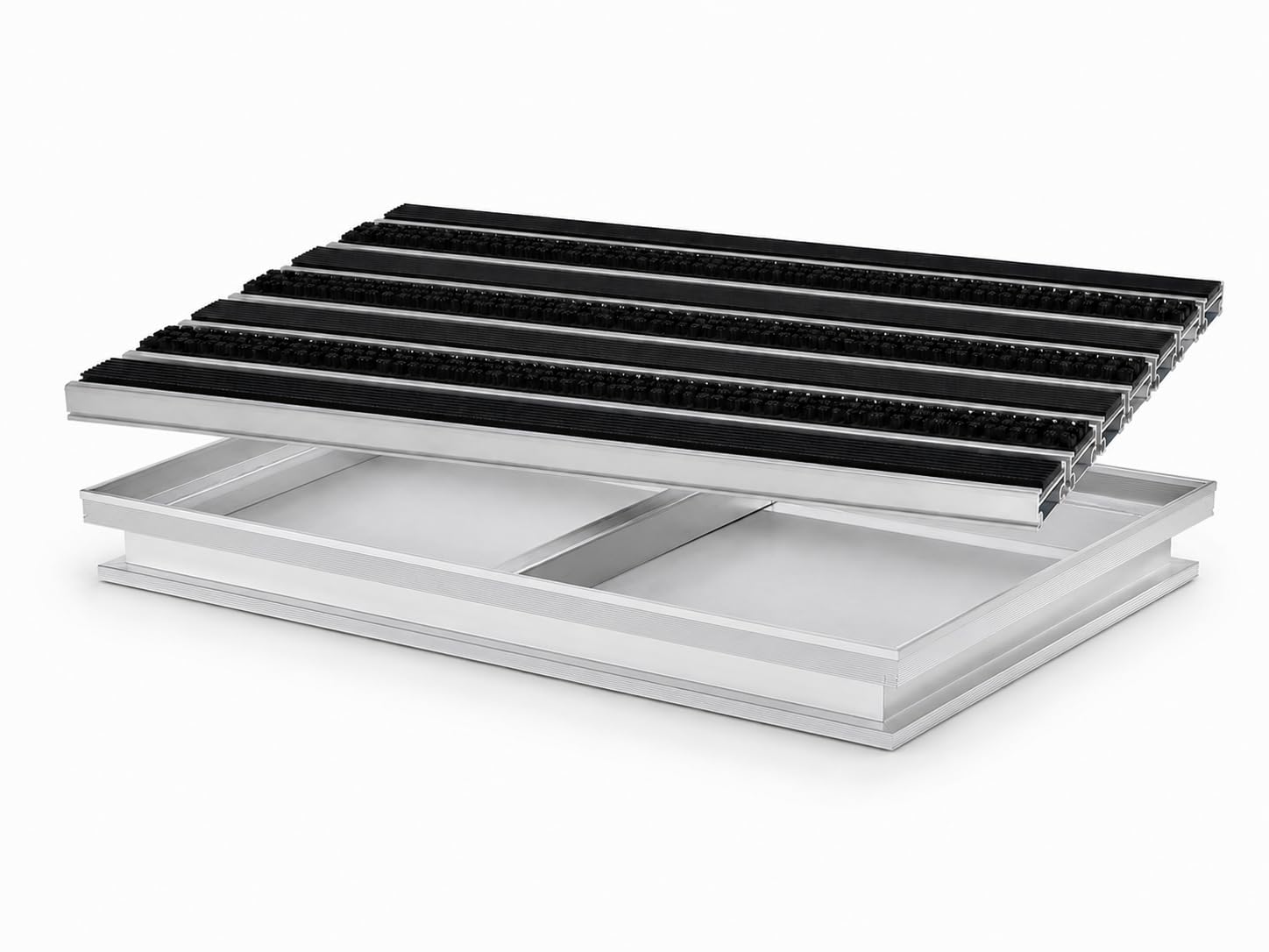 Profi-Aluminium Fußmatte mit Ablaufwanne – 75x50 cm, Kombi-System aus Bürsten- & Gummieinsätzen, 22 mm Profilhöhe & 80 mm Gesamteinbautiefe, Hochbelastbar & Rostfrei