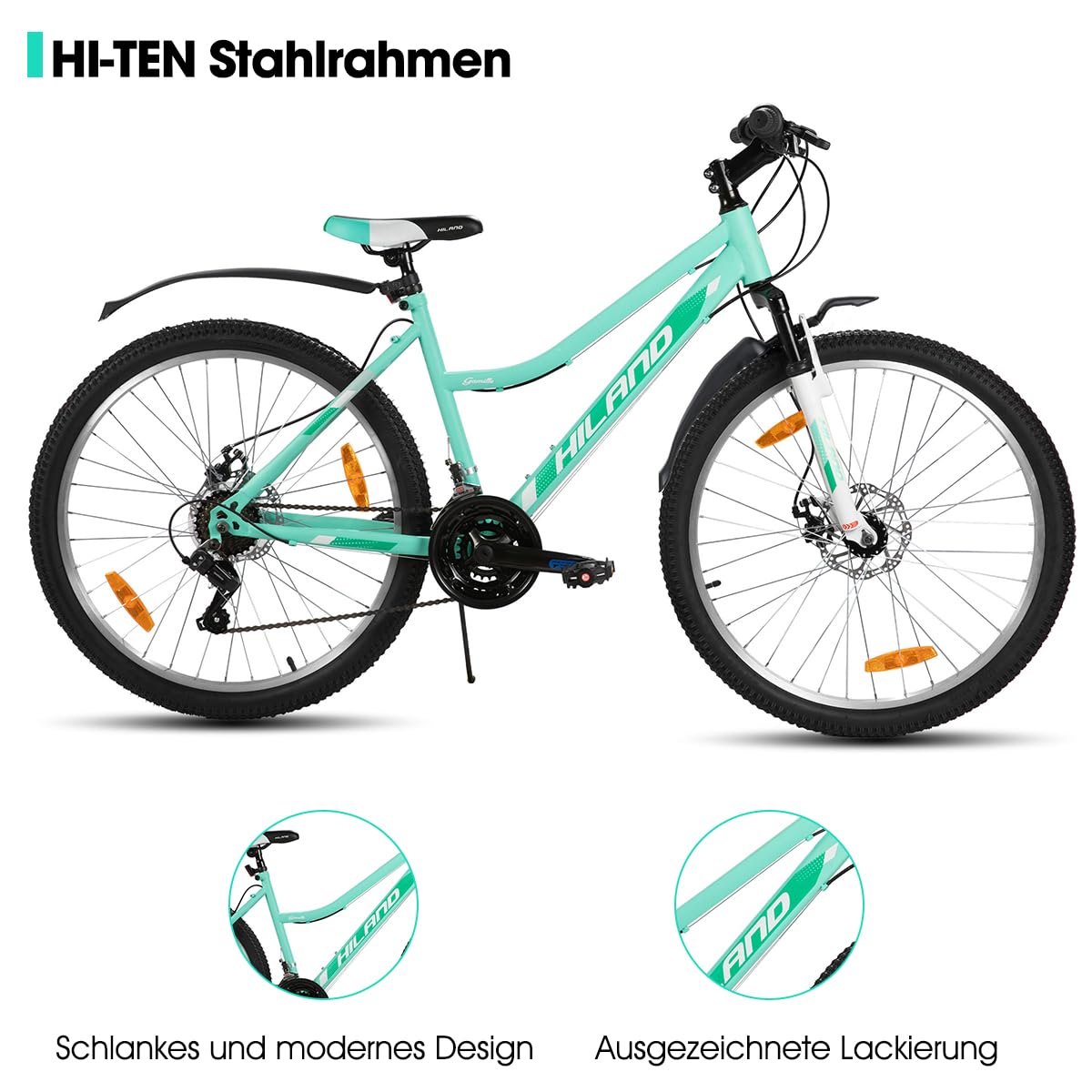 HILAND Gamille 26 Zoll Damen Mountainbike, 18 Gänge Federgabel MTB mit Step-Through-Rahmen, 26 Zoll Fahrrad für Frauen Männer Erwachsene, Grün/Rosa