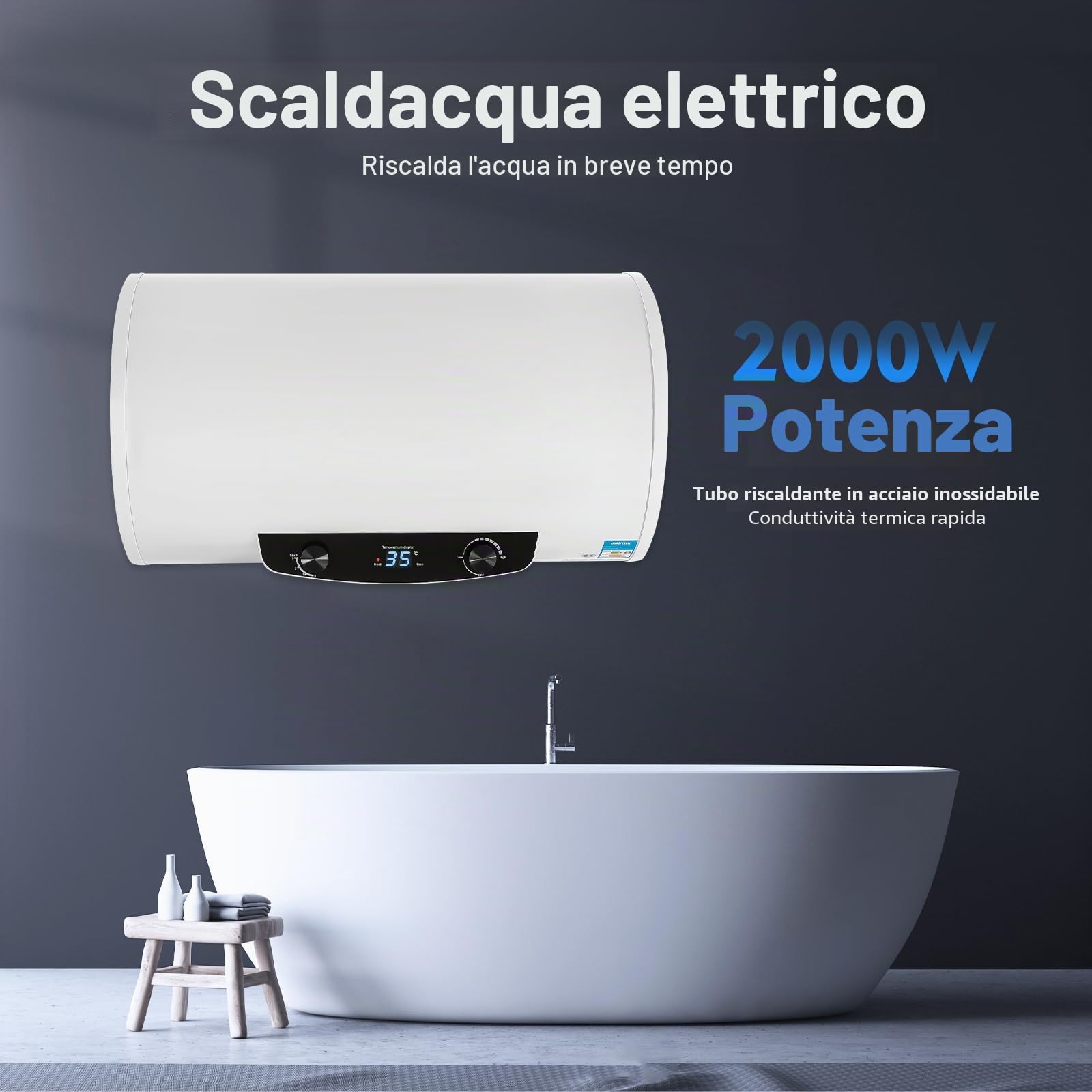 Serbatoio dell'acqua elettrico orizzontale, 120 litri, 2 kW, caldaia elettrica, scaldabagno con doccetta