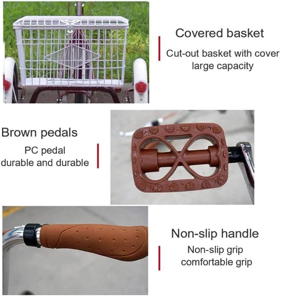 Three Wheel Bike 16 Inch Tricycle for Men & Women Seniors Rear Brake Cruise Bike Bicycles with Large Basket 3 Wheels Adult Tricycle for Shopping Cargo Bike Cycling Pedalling