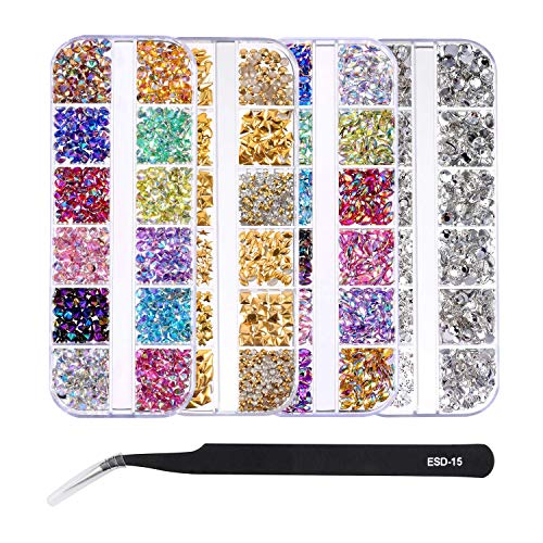 4 Boxes Nail Art Rhinestones Kit, Vikeytim Nail Rhinestones Nail Crystals Nail Studs and Tweezers, Multicolor Nail Studs Horse Eye Rhinestones for Nail Art Decorations Supplies DIY Clothes