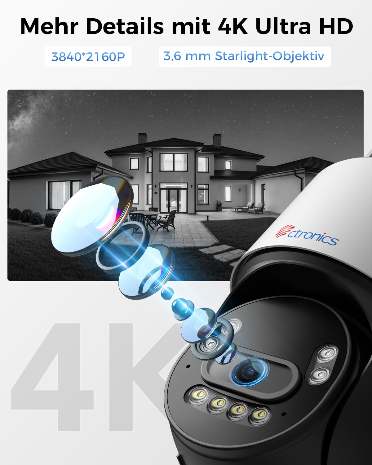 Ctronics 4K WLAN Überwachungskamera Außen,8MP PTZ Kamera mit Farbnachtsicht | 2,4/5GHz Dualband WLAN, KI Personen-/Fahrzeug-/Tiererkennung, unterstützt NVR&24/7 Aufzeichnung, Zwei-Wege-Audio, IP66