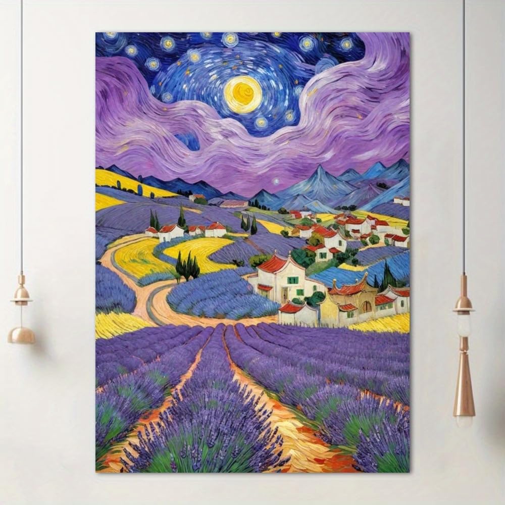 awitufhgp 1pc Van Gogh Lavender Fields & Villages Canvas Art - Impressionist Landscape Wall Art for Living Room, Bedroom, Office(55x75cm/22x30in(WxH)/No frame)