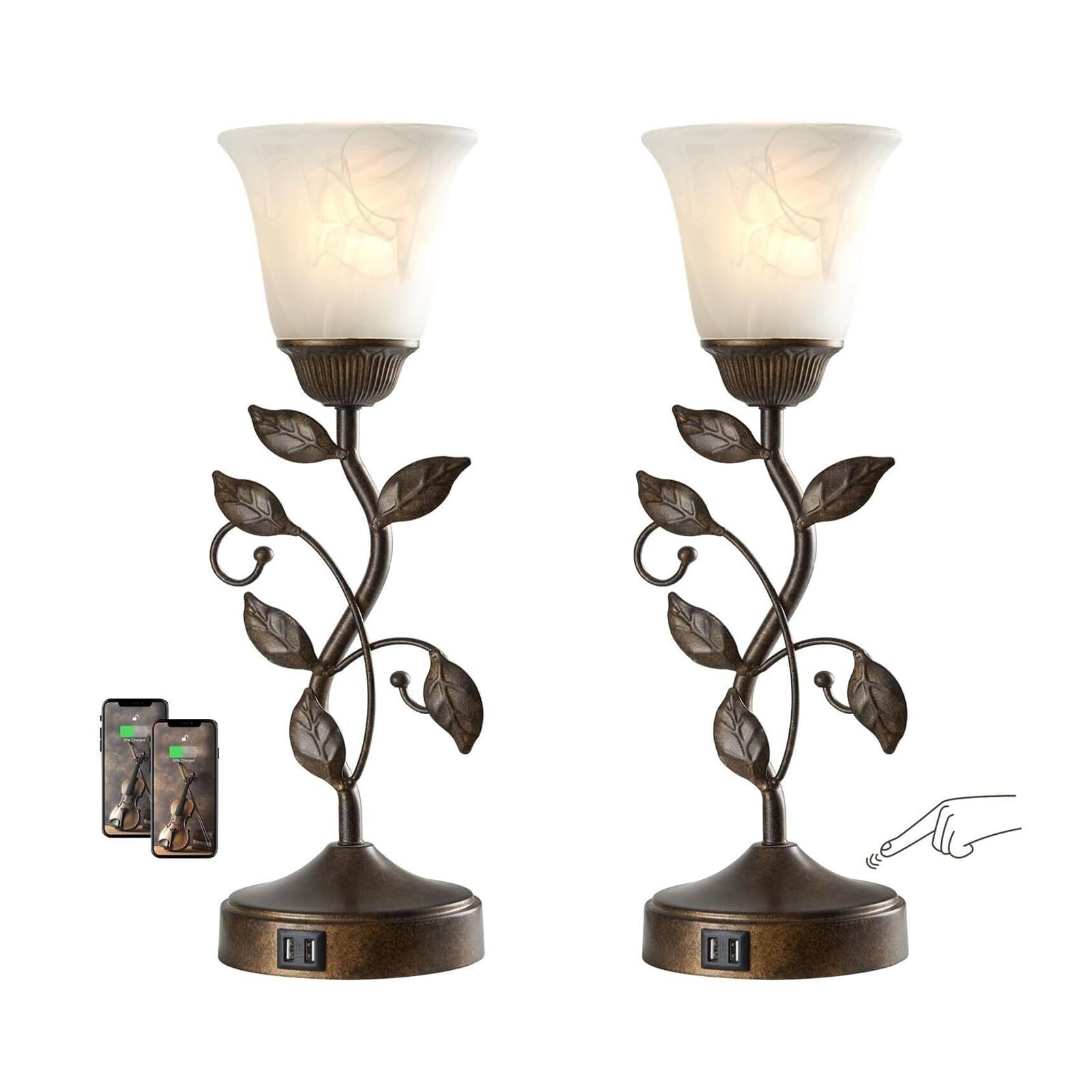 Lampe de chevet tactile, lot de 2, abat-jour en verre ambré, style feuille vintage, idéale for les chambres et les bureaux. lampe de bureau