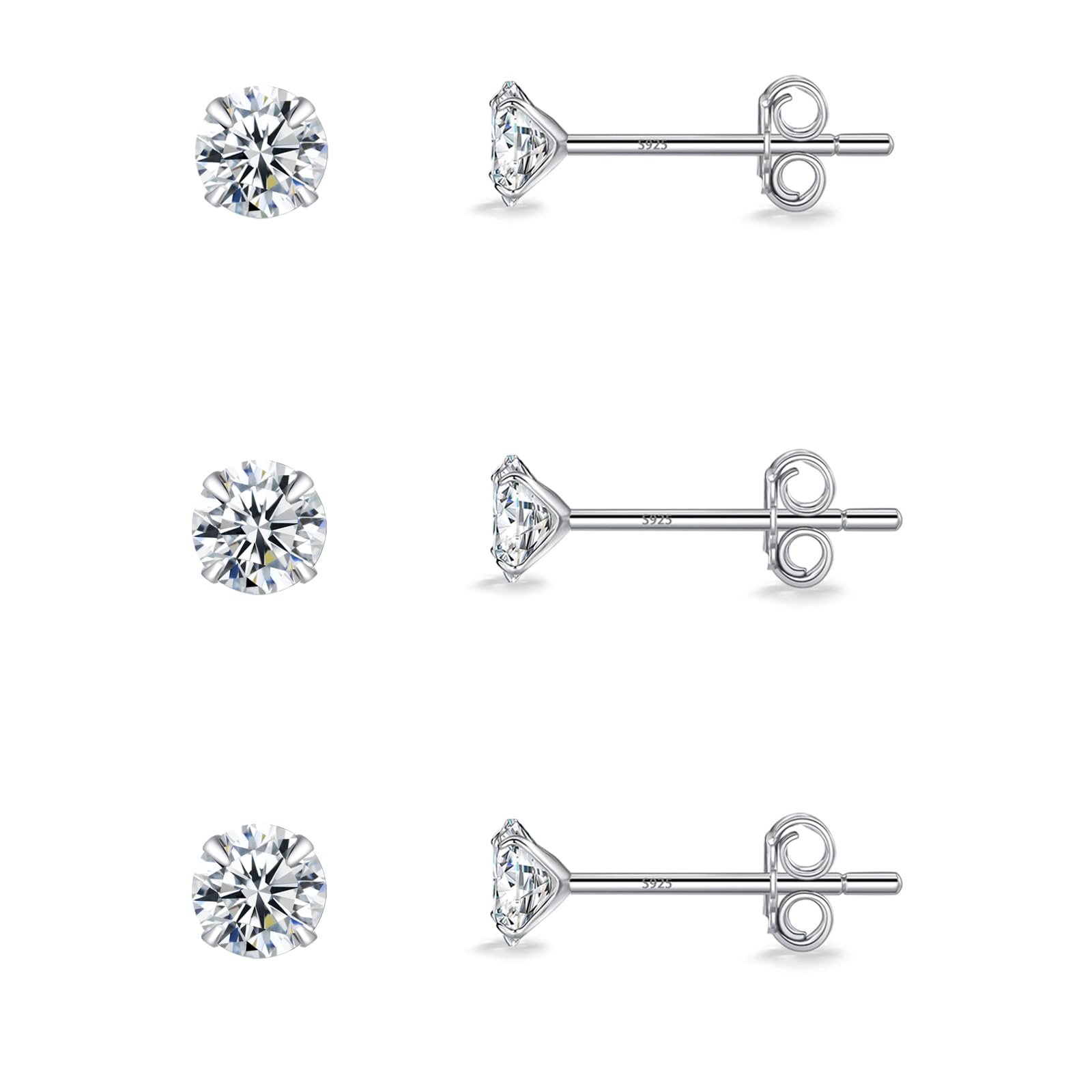 SNORSOSilver Stud Earrings Set for Women Girls, 3 Pairs Hypoallergenic Silver Small Round Cubic Zirconia Faux Diamond Stud Earrings, Cartilage Sleeper Studs for Multiple Piercings, Size: 3, 4, 5mm
