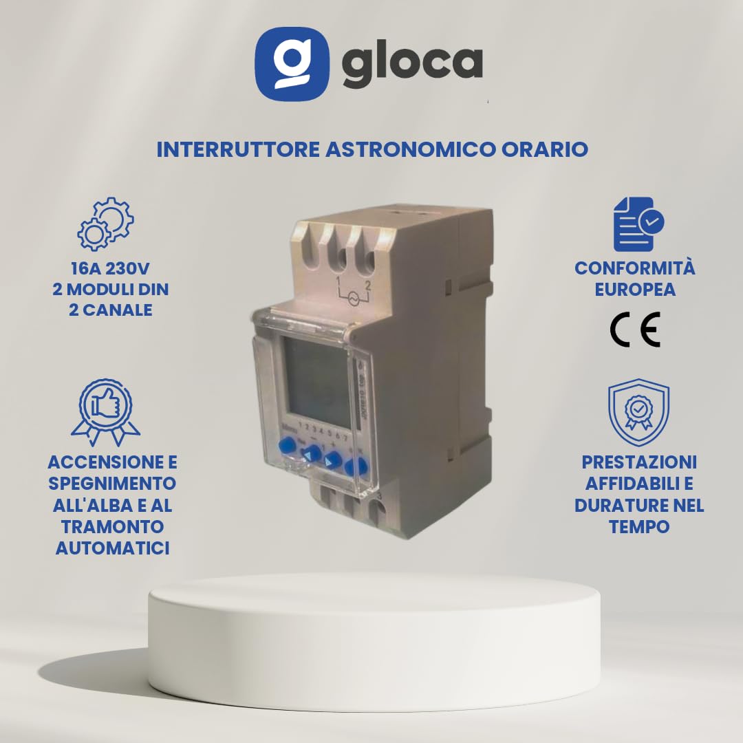 gloca Interruptor astronómico horario 16 A/230 V 2 módulos DIN 2 canales