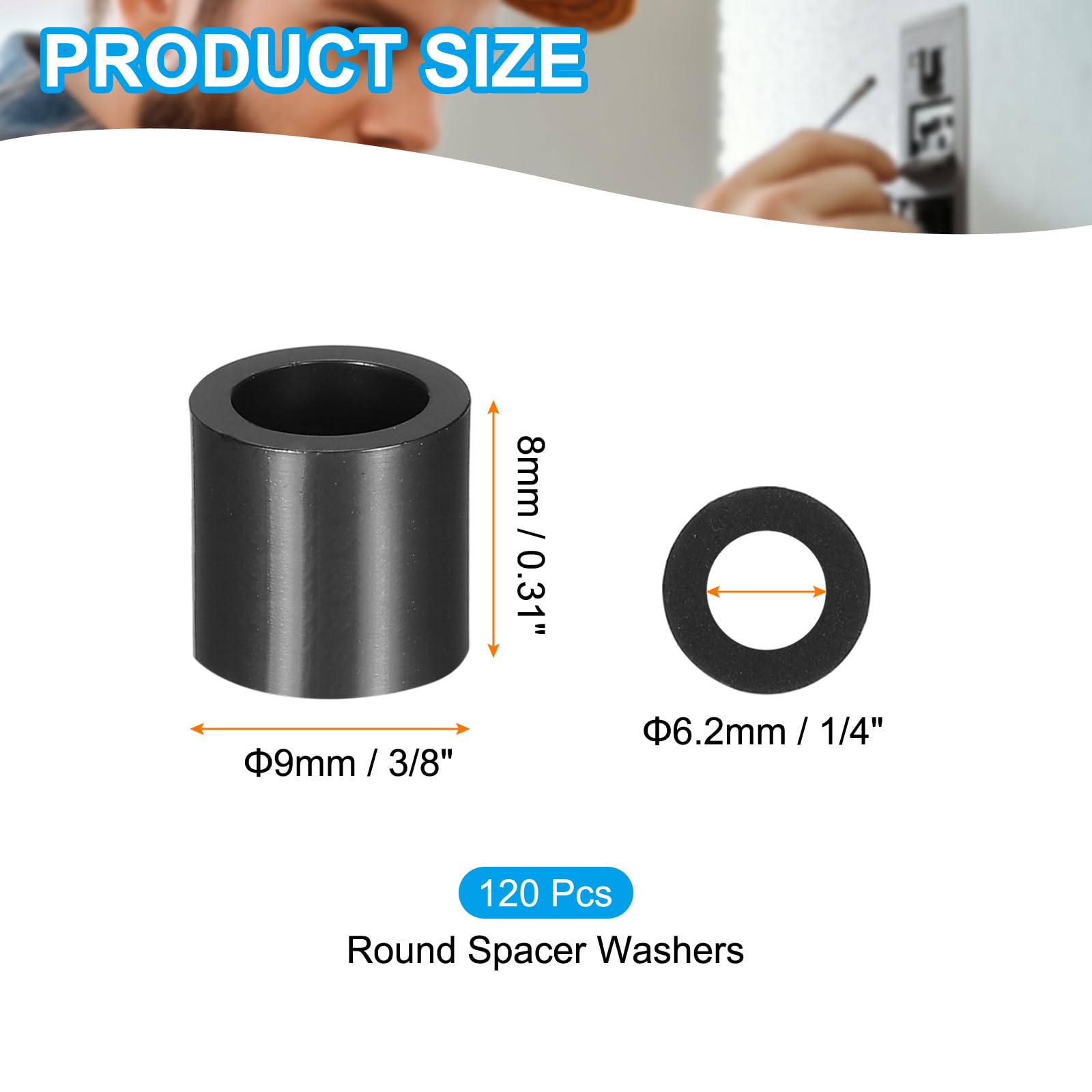 PATIKIL 120Pcs M4 ABS Spacers M6 x 9mm OD x 8mm L Plastic Round Spacer Washers Black Standoff Nut Unthreaded for Screws Bolts Electrical Outlet - Image 2