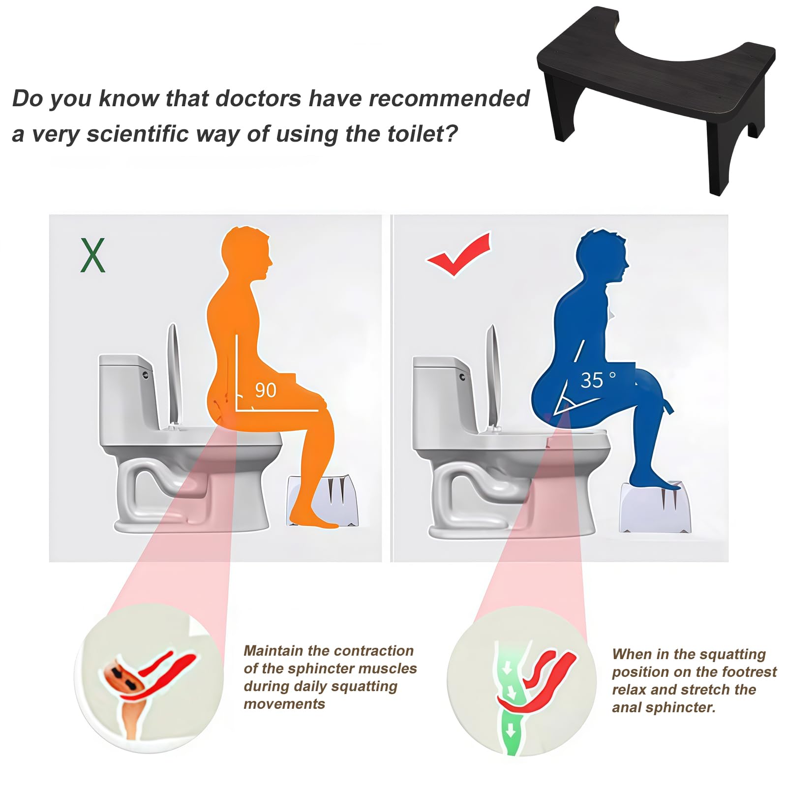 Sgabello WC in legno, per adulti e bambini, 37 × 20 × 17 cm, ergonomico, per migliorare la defecazione, sgabello antiscivolo per bagno, nero