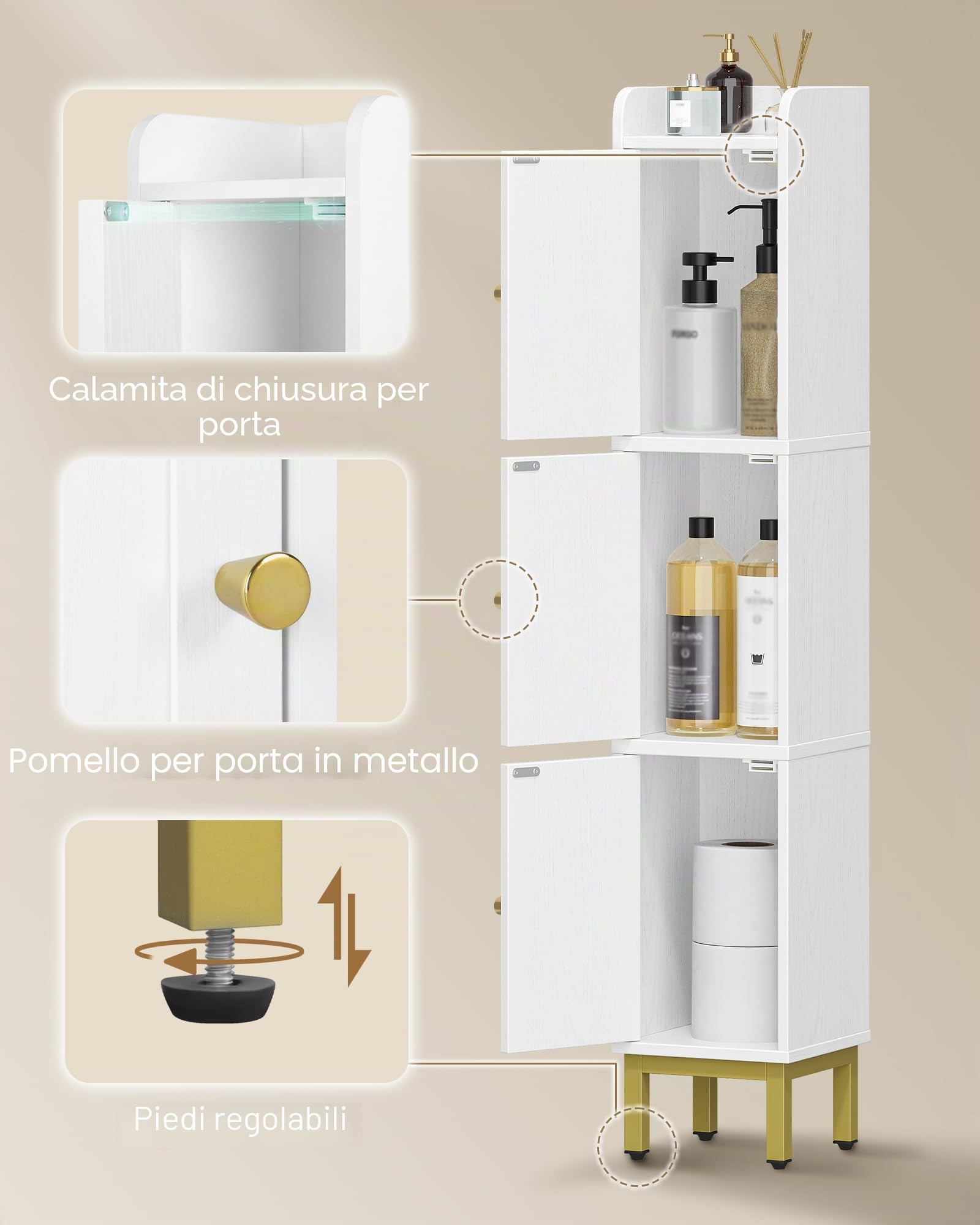 Hzuaneri Mobile Bagno,3 Ante,4 Piedini Regolabili,20x20x108,5 cm,EBC22313G | Mobiletto Bagno Salvaspazio, Colonna Bagnos, per Soggiorno, Lavanderia, Bianco, EBC22313G