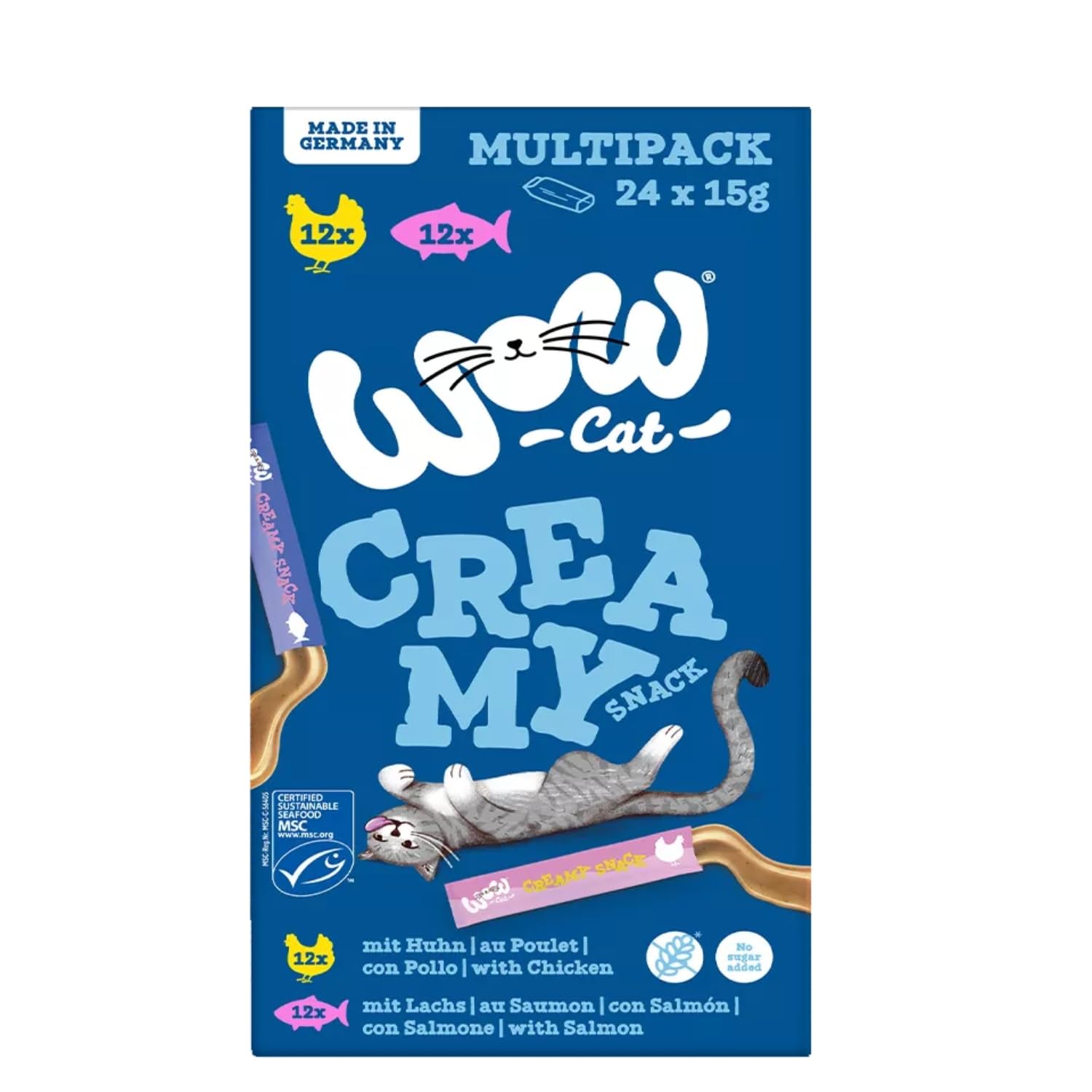 Wow Snacks | Golosinas para Gato | Variedad Creamy | Varios Sabores | (24x15Gr, Mix 12x Pollo 12x Salmón)