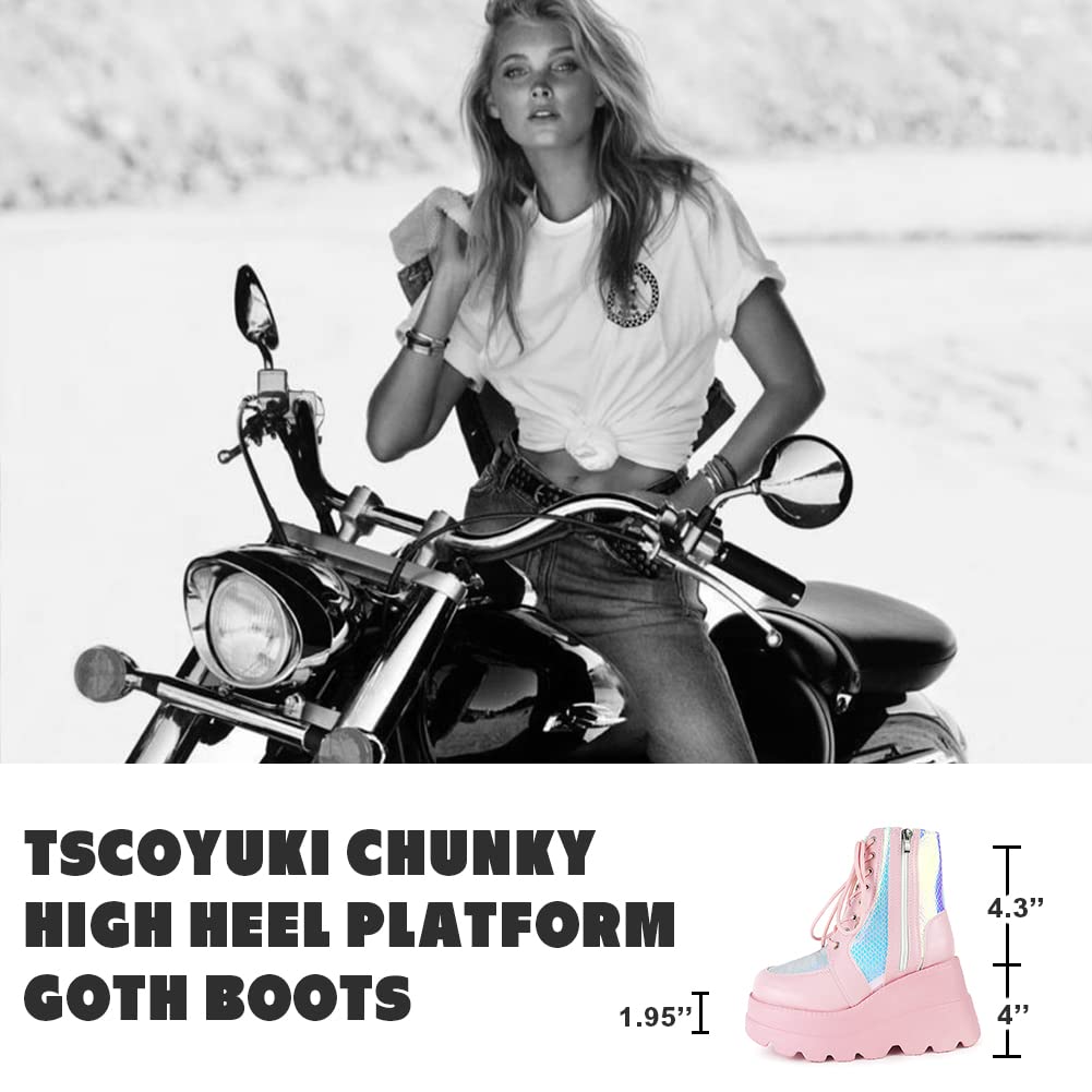 Tscoyuki Platform Ankle Boots for Women Chunky High Heel Booties Goth Round Toe Combat Boots Women Lace Up Motorcycle Wedges: 10 3-pink