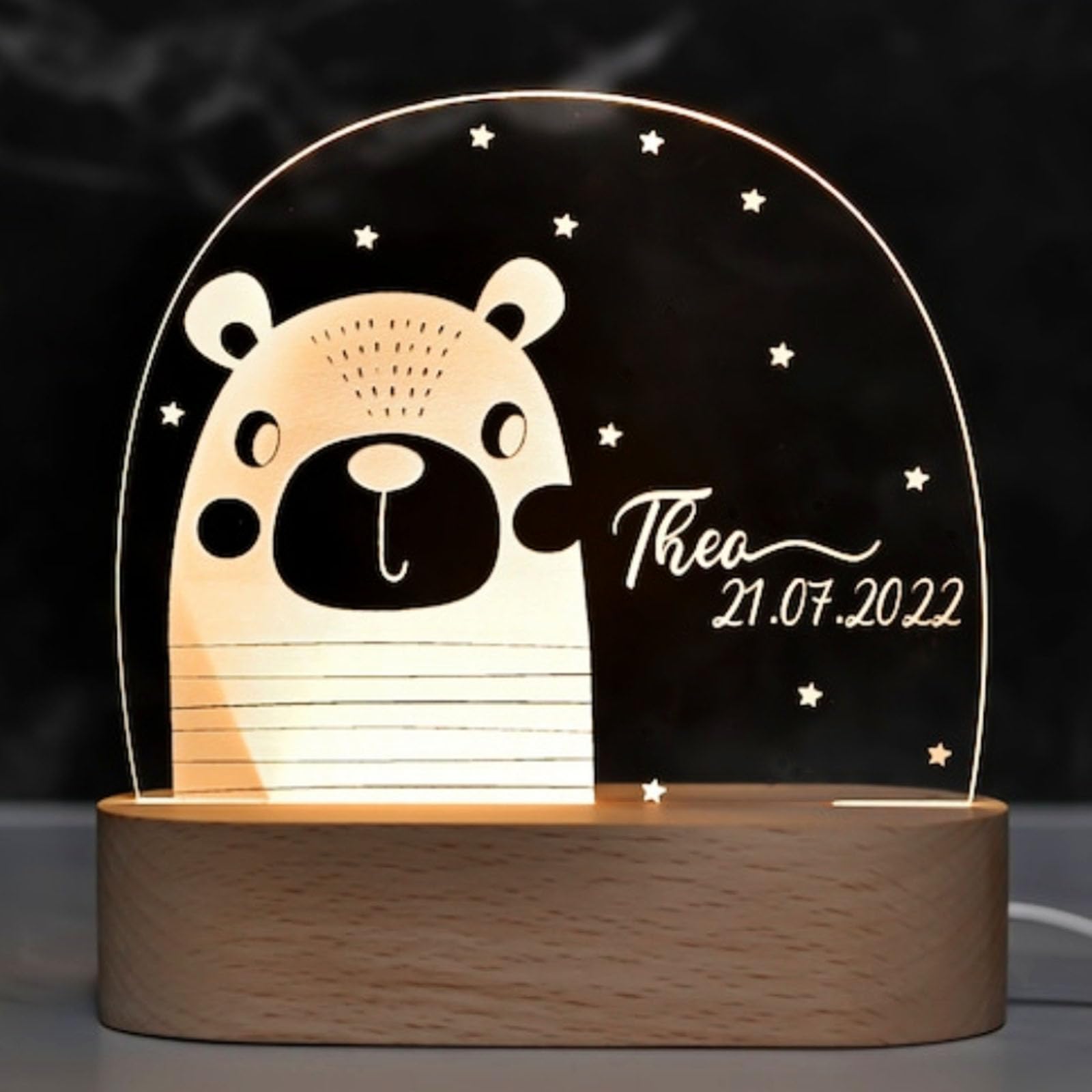 Fallover Personalised Bedroom Night Light with Childs Name, Custom LED Night Light Animals Lamp for Baby Boys Girls Nursery, Birth Gifts for Christening Birthday Christmas Day (Night 01)
