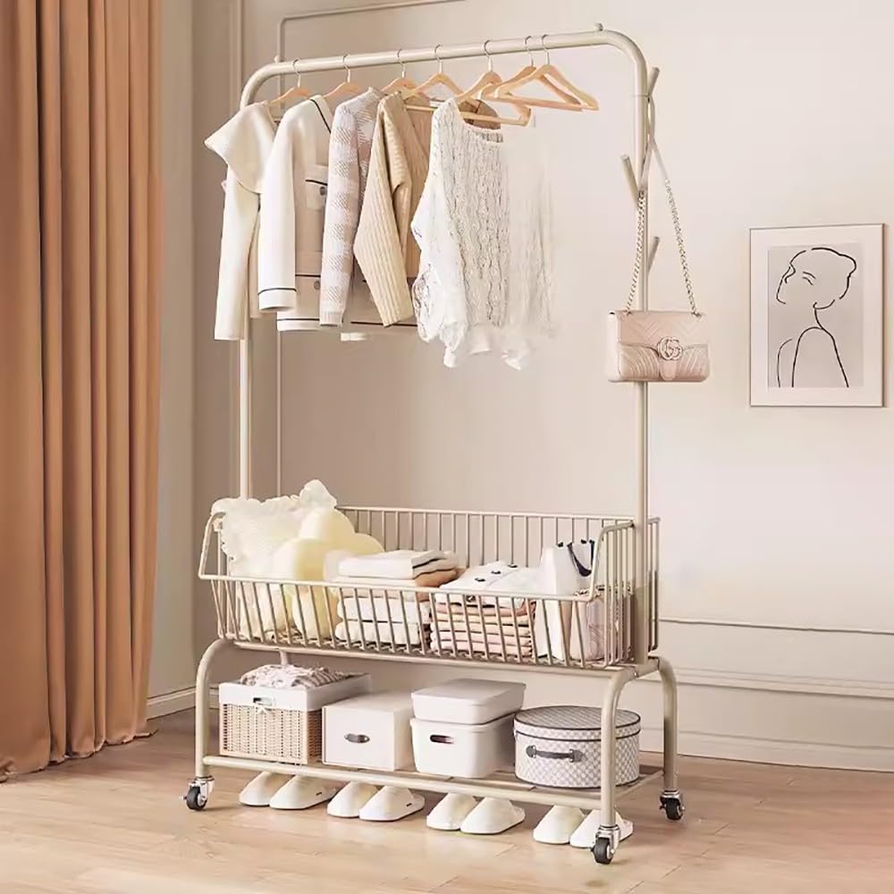 XDLEDMKIZ Metal Rolling Clothes Rack with 6 Hooks and Shoe Storage Freestanding Entryway Coat Stand with Shelves for Entryway nization and Space Saving