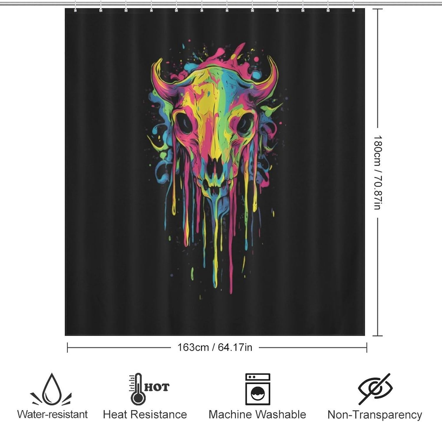 Colorful Skull Cow Funny Shower Curtains Washable Bath Curtain Liner with Hooks for Bathroom Bath Tubs