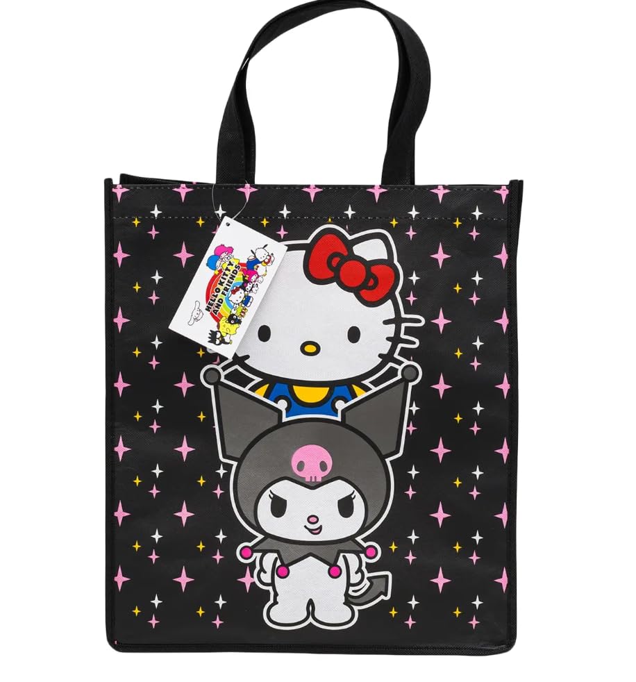 Fast Forward Hello Kitty Reusable Shopping Tote Bags, Kuromi and My Melody Characters, 16 Inch, Pink Black White, 3 Pack
