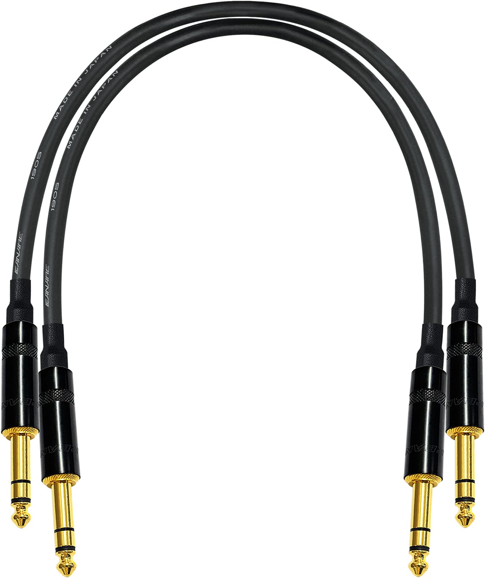 2 Units - 1 Foot - Canare L-4E6S Star Quad, Patch Cable terminated with Neutrik-Rean NYS ¼ Inch (6.35mm) Gold TRS Stereo Phone Plugs - CUSTOM MADE By WORLDS BEST CABLES.