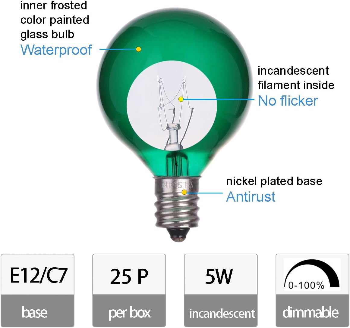 25 Pack G40 Replacement Bulbs,5W 120V Incandescent Glass Bulbs,for E12 Outdoor String Lights,Frosted Green