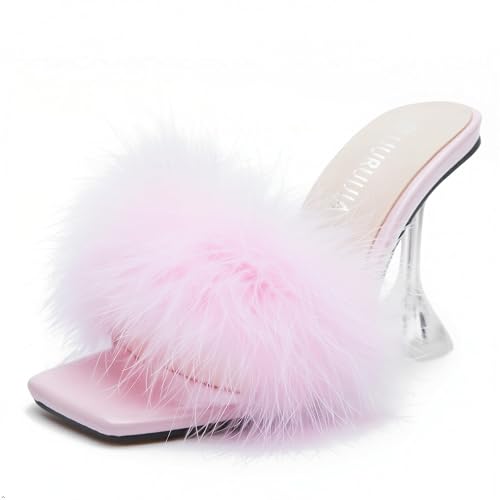 LIURUIJIA Women's Feather High Heeled Mules Slip On Sandals Square Toe Bridal Wedding Party Shoes Fuzzy Fluffy Sexy Clear Heels - 7.5 - Pink