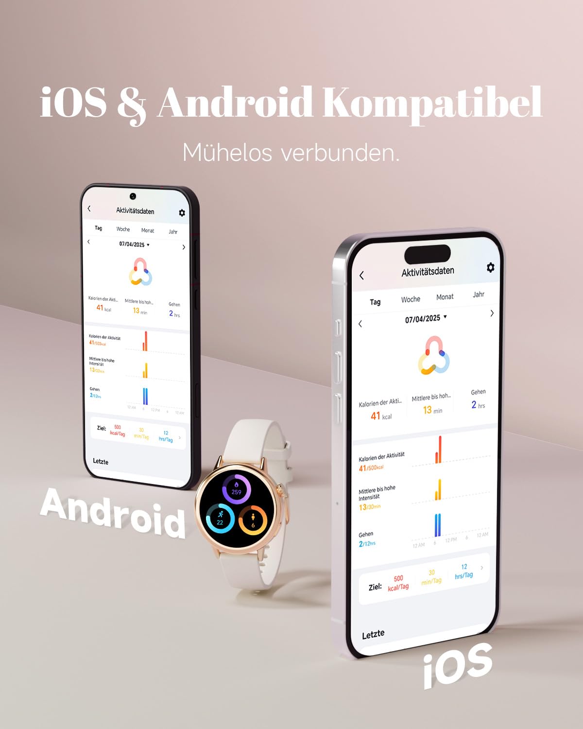 TOOBUR 37mm AMOLED Smartwatch Damen Klein, Schrittzähler Uhr Rund, Beige | Smart Watch Android und iOS Kompatibel, Fitness Uhr mit Herzfrequenz- und Kalorienmonitor, Sport Uhr