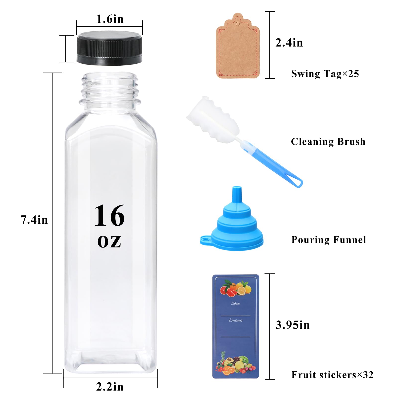 Florlove - 25 botellas de jugo de 16 onzas, botellas de jugo de plástico con tapas, recipientes vacíos transparentes para bebidas con tapas para jugos, batidos, leche y otras bebidas