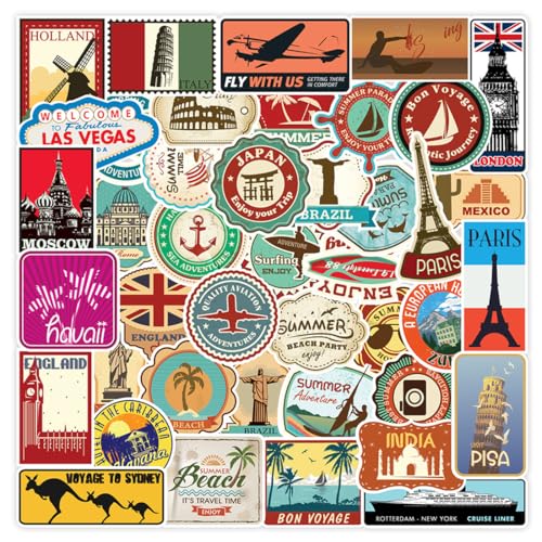 ZORVUJI Ensemble de Stickers Voyage 100 Pièces, Stickers Vintage Rétro pour Valise Voyage, PC Portable, Casque, Moto, Skateboard, Voiture, Vélo, Ordinateur,...