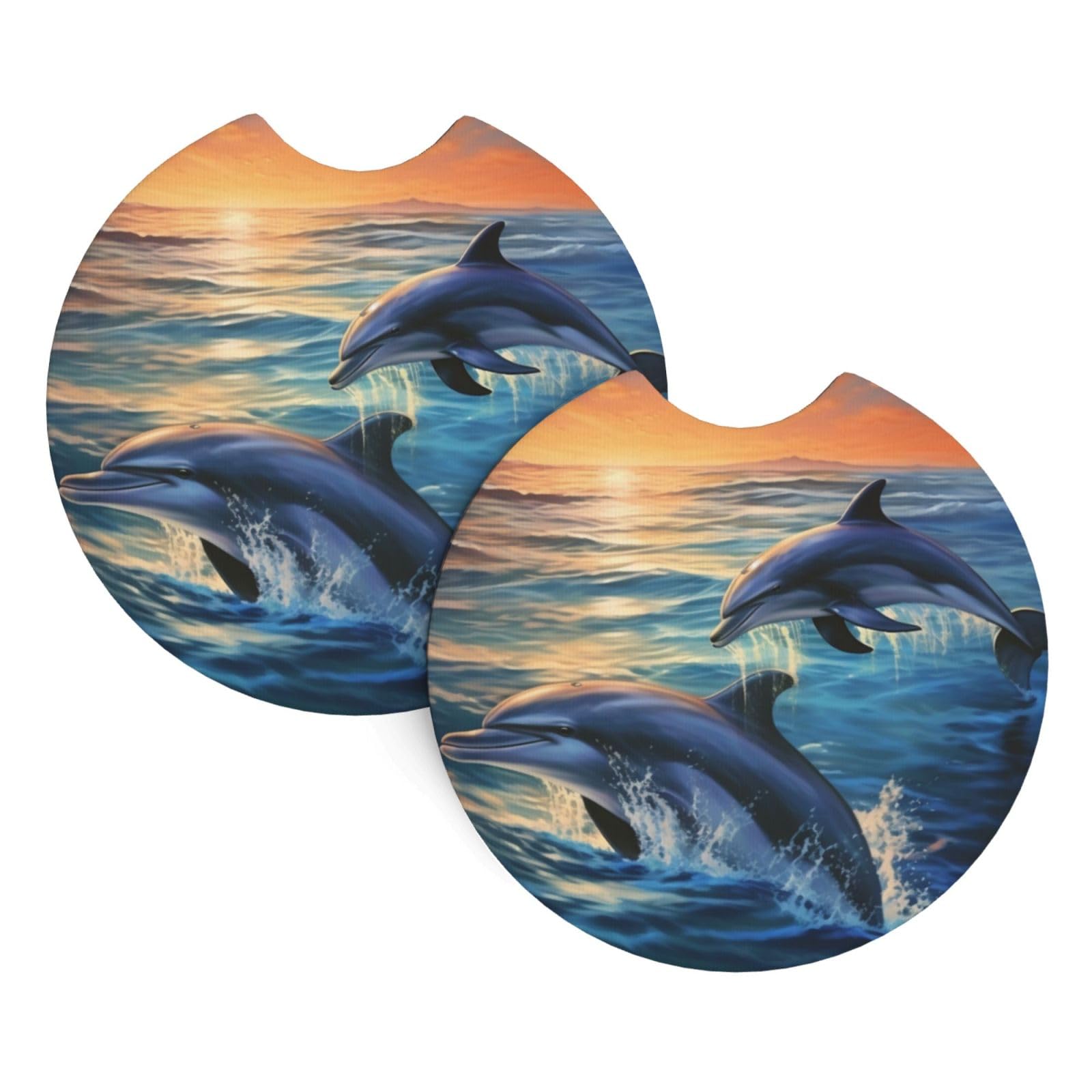 2PCS Car Coaster for Cup Holders Universal Auto Cup Mat Dolphins in The sea Cup Coaster Pad 2.7" Waterproof Neoprene Non-Slip Cup Holder Coasters Car Interior Accessories for Women Men