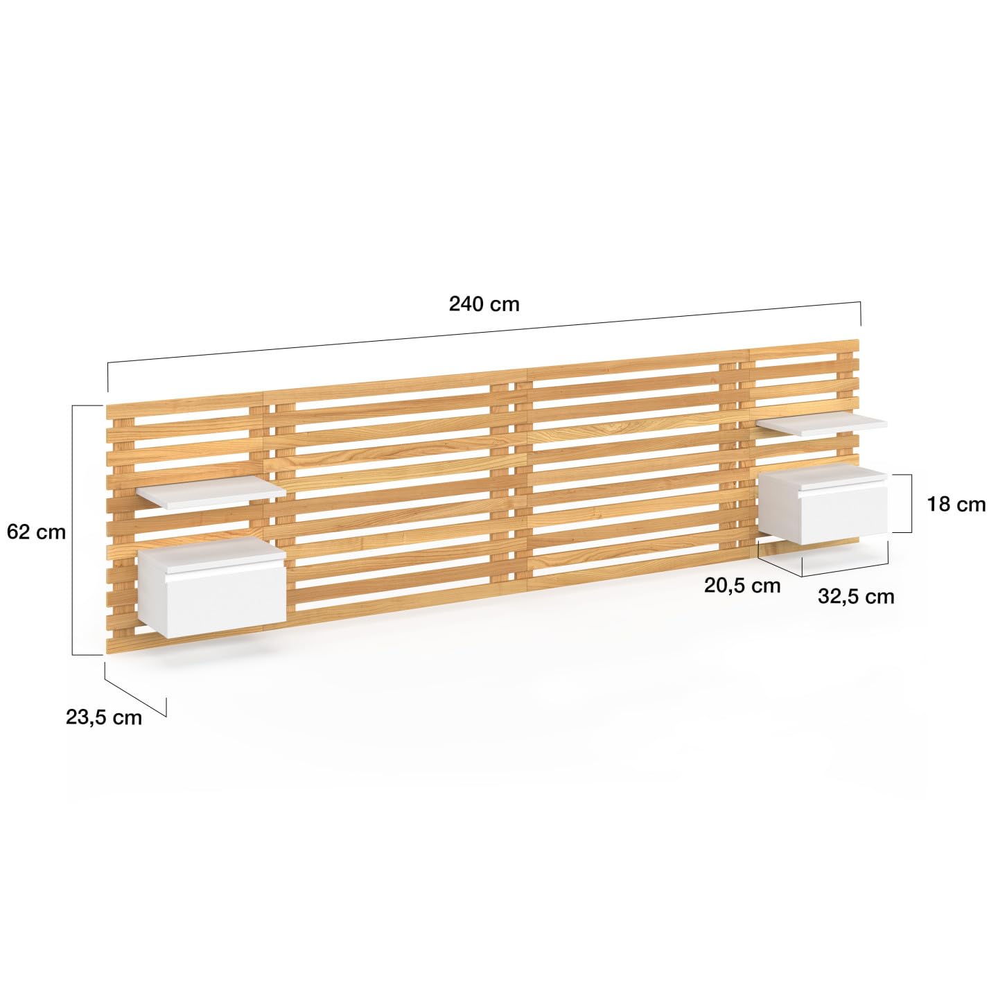 IDMarket - Cabecero de lamas AVA con mesillas colgantes 240 CM madera clara y blanco