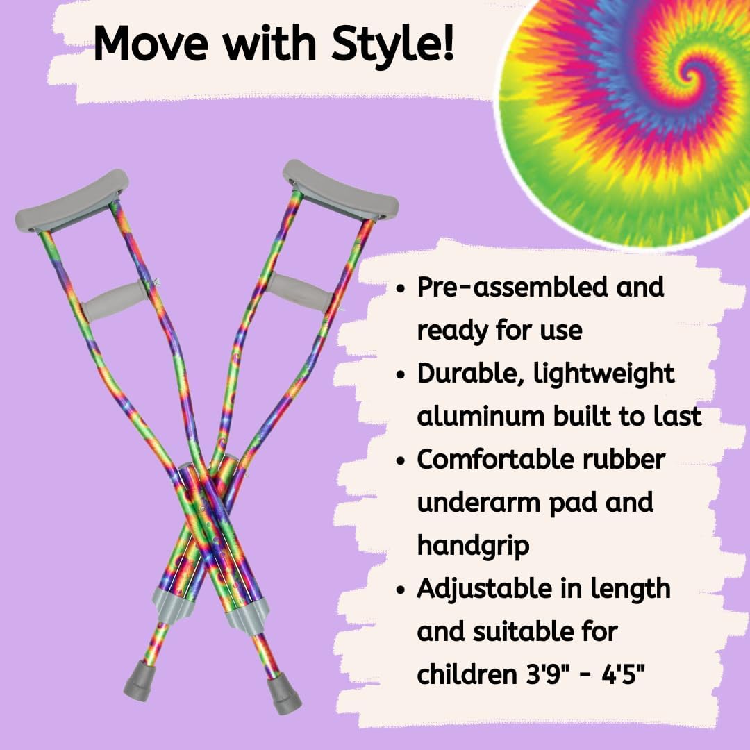 My Crutches - Youth Junior Crutches for Kids w Adjustable Handgrip and Length! for Children 3'9" to 4'5" - Made of Lightweight, Durable Aluminum with Underarm Padding - Rainbow Tie Dye