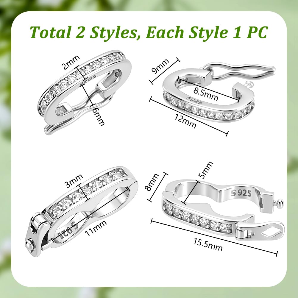 AHANDMAKER 2 Stile 925 Sterling Silber Halskette Enhancer Shortener Verschlüsse Zirkoniumdioxid Erdnussperlen Klickverschluss Perlenverkürzer Druckverschluss Zur Schmuckherstellung