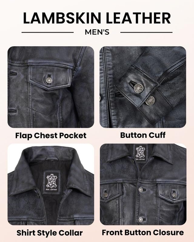 Image of Blingsoul Men's Leather Jacket - Real Full-Grain Lambskin Trucker Jacket for Men