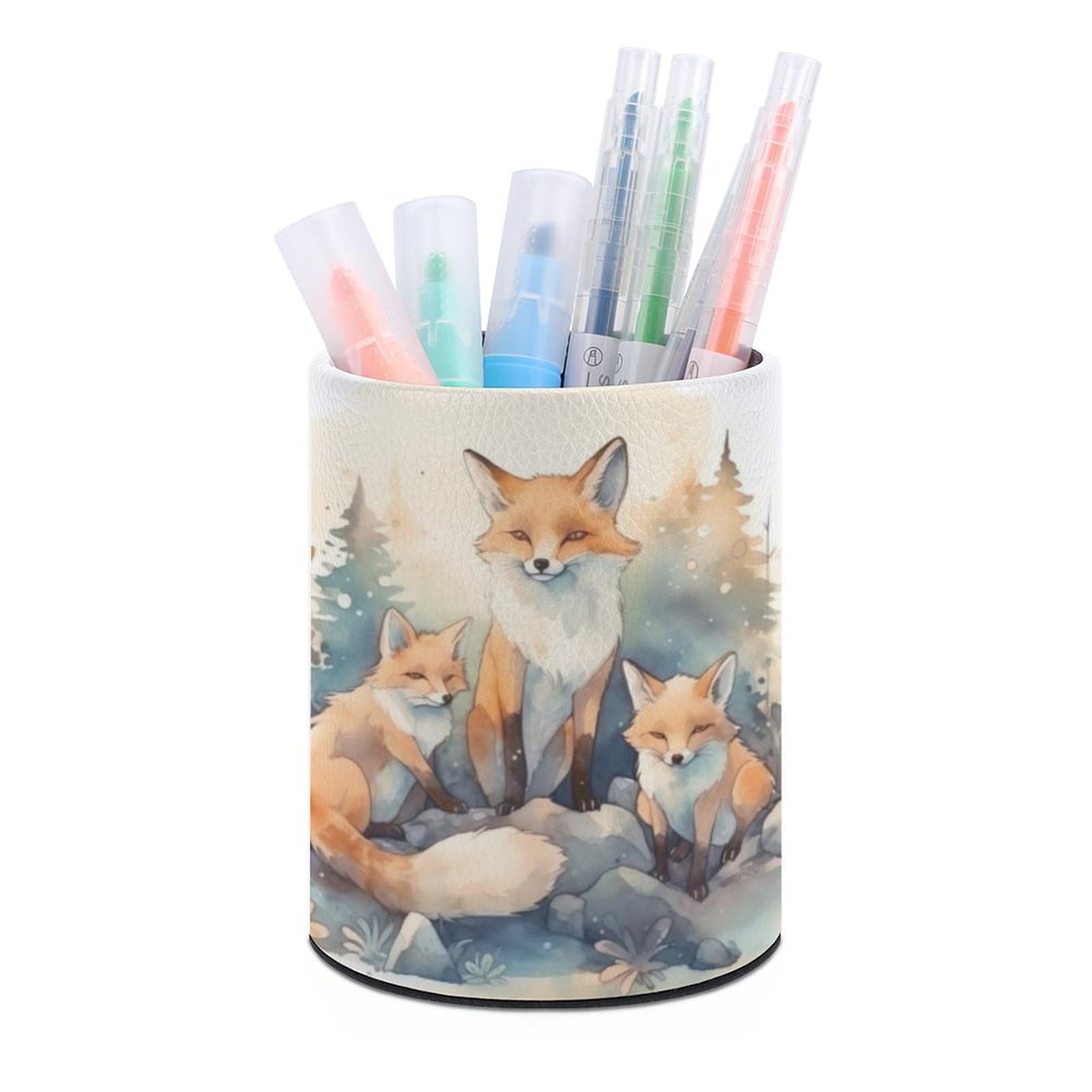 JTREHY Round Pen Holder,Watercolor Fox Printed Makeup Brush Storage Box for Home Office Dressing Table