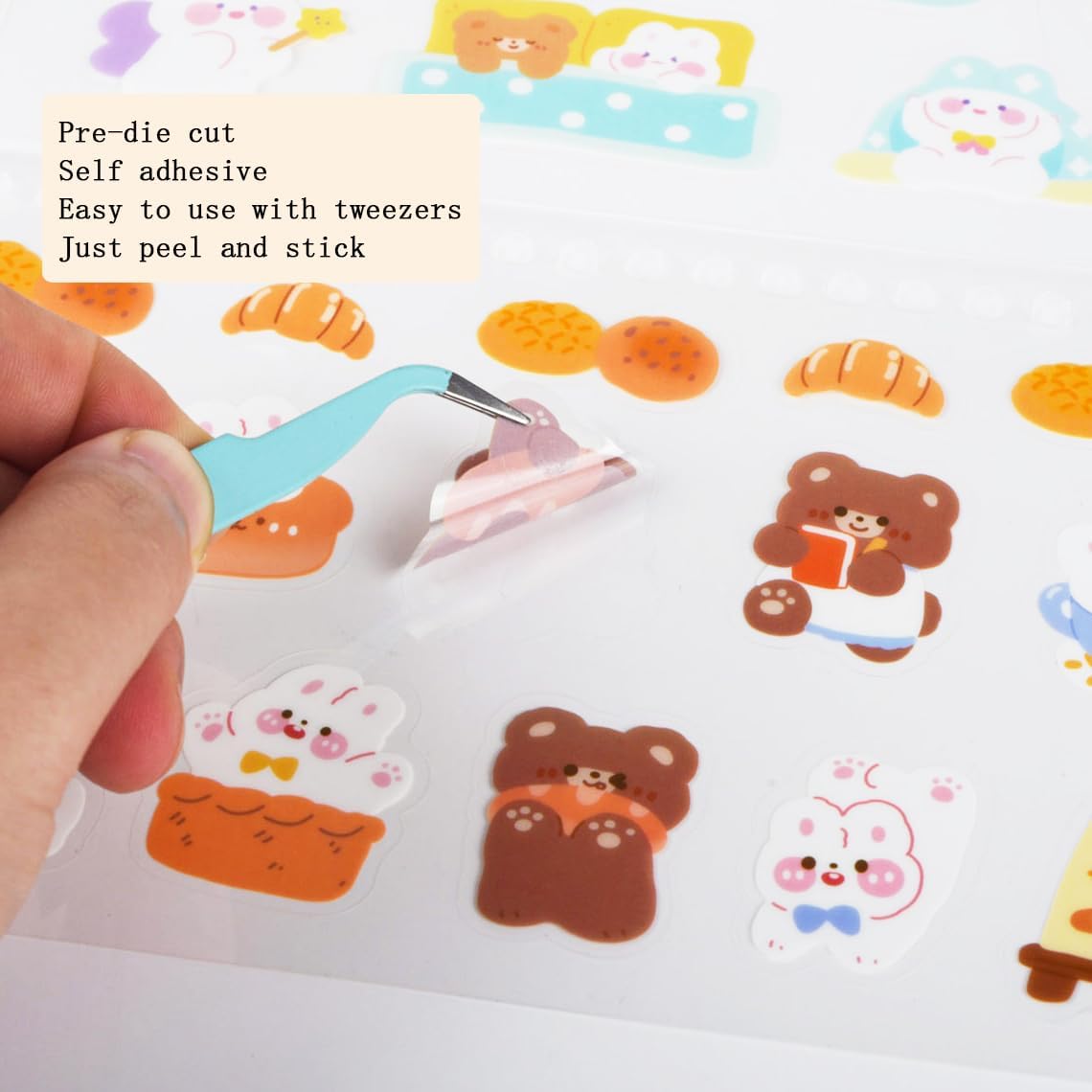 Cute Cartoon Bear Rabbit Stickers - 50 Sheets Kawaii Coil Sticker Book PET Transparent Bunny Journaling Scrapbook Clipping Supplies Decals Material for Planner Bullet Album Calendar Kids DIY Crafts