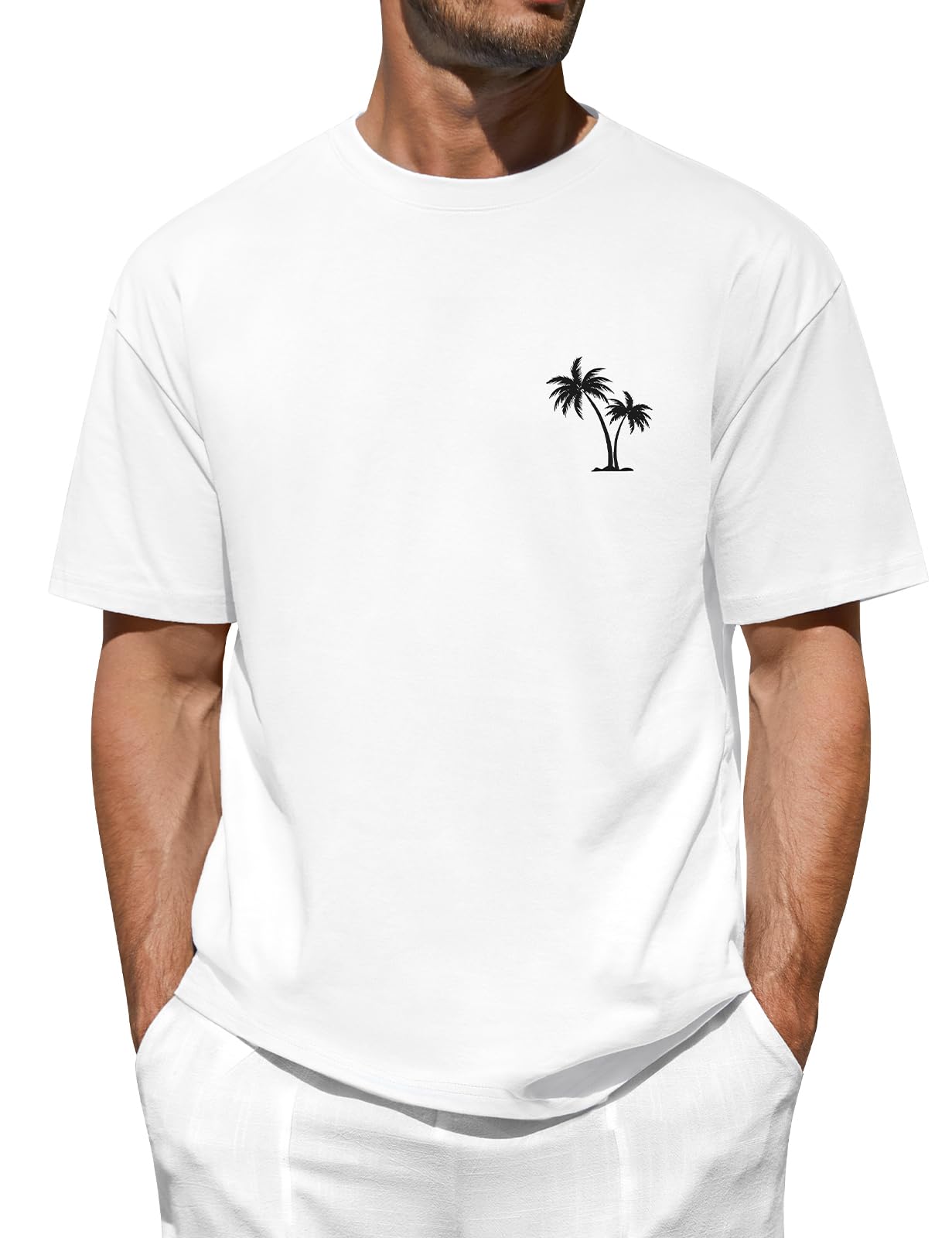 TOMEEK Herren Oversize T Shirt Sommer, Baumwolle T-Shirt Rundhals Kurzarm Lose Casual Tshirt Palm Gemustert Mode Männer Oberteile Basic Top