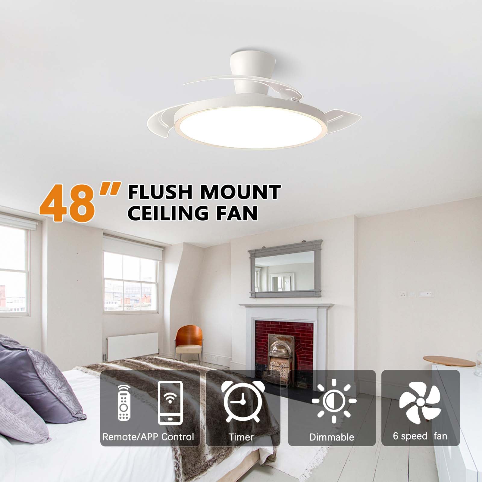 Deckenventilator Smart,Leise,Einziehbarer Deckenventilator mit Beleuchtung und Fernbedienung,Dimmbar und Reversibel Deckenlampe Ventilator,füR Schlaf Wohnzimmer-Weiß-121cm