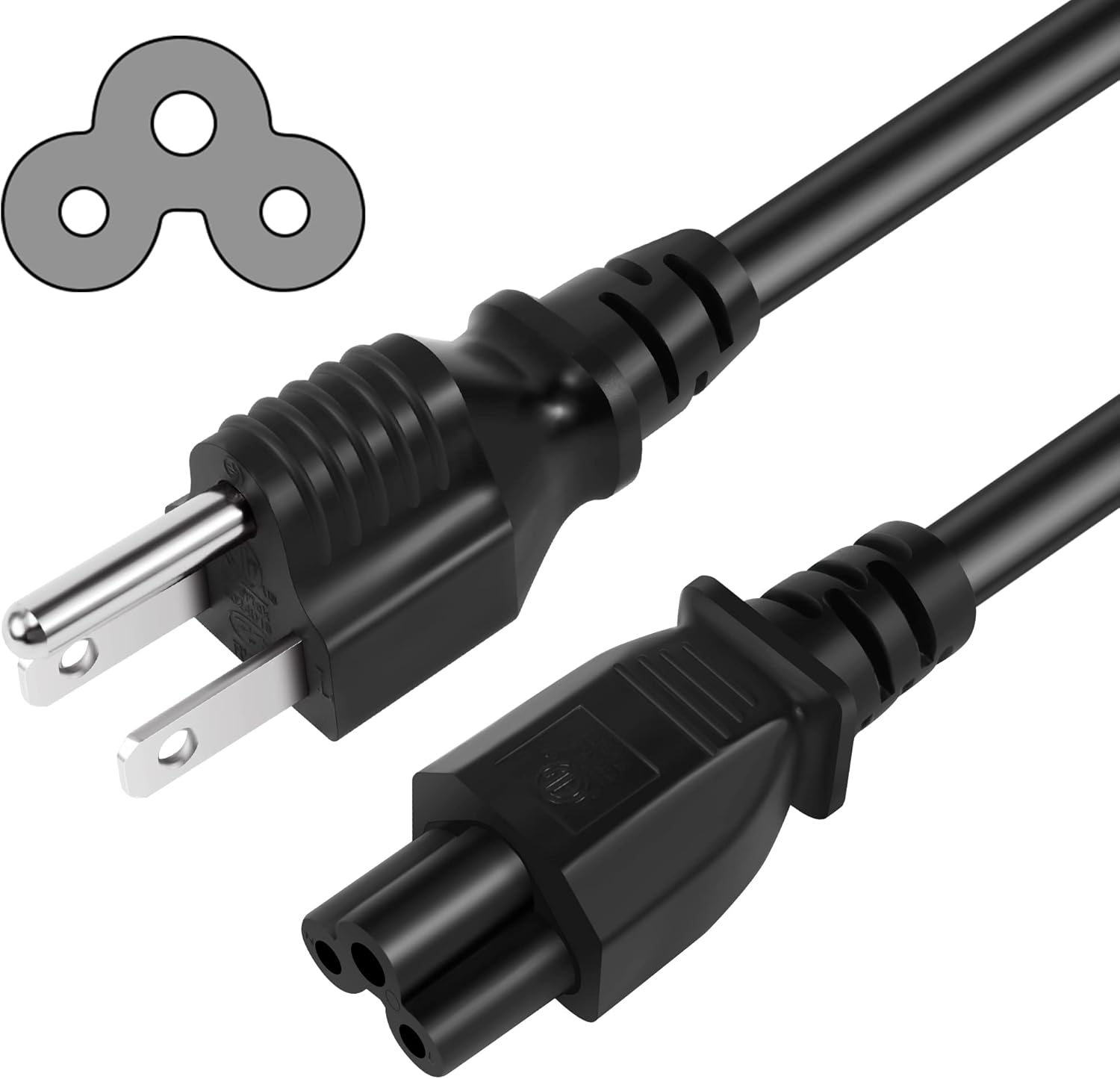 3 Prong AC Laptop Power Cord 4 Feet (2 Pack), NEMA 5-15P to C5 (Mickey Mouse) 10A 125V 18AWG, IEC-60320 IEC320 C5 to NEMA 5-15P, Laptop Power Brick Cord- ETL Listed