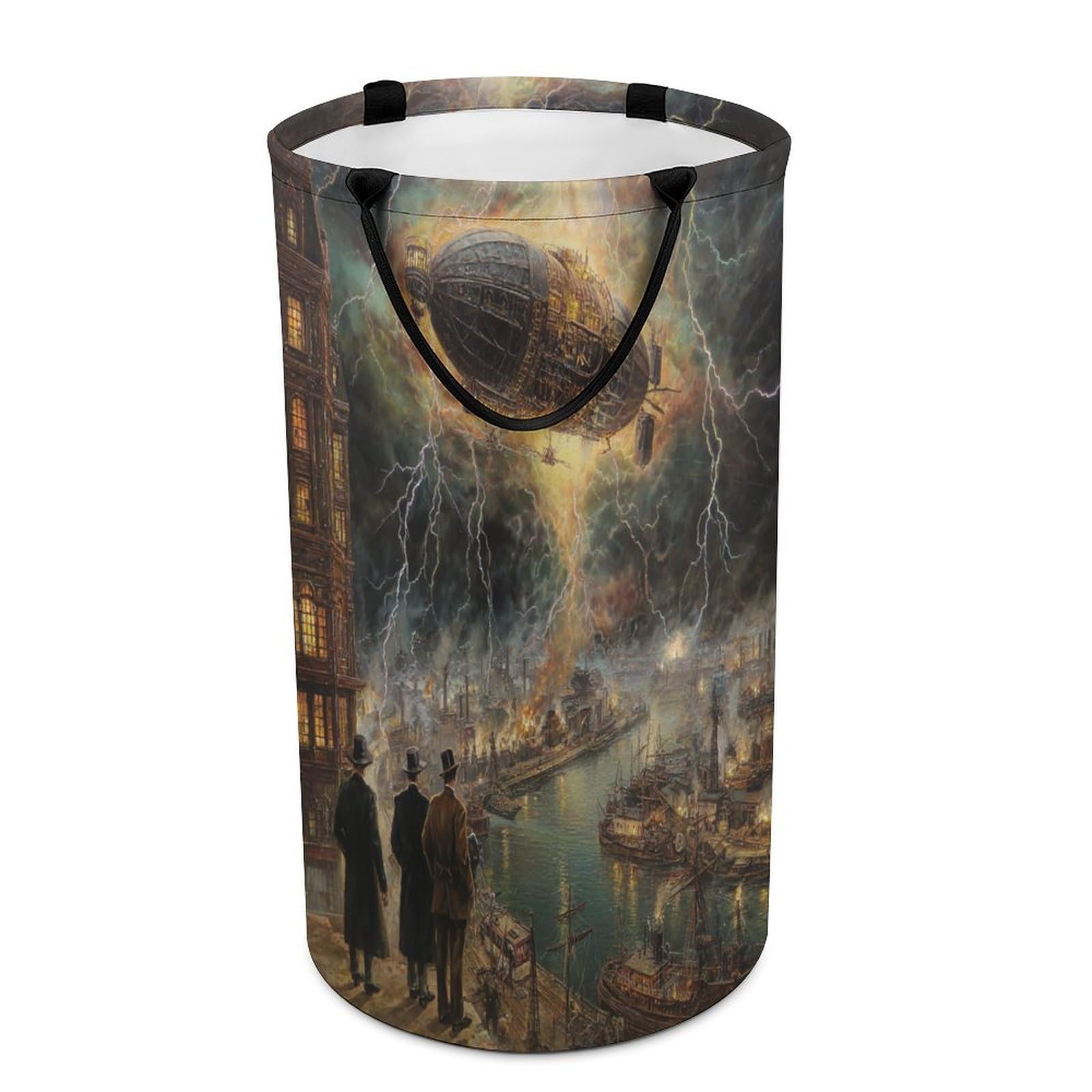 LUYYSKY Cool Abstract Steampunk Airship Collapsible Dirty Clothes Basket, Classic Fantasy Coastal City Lightning Boat Pattern Portable Clothes Storage Laundry Basket-40 CM Dia, 69 CM High
