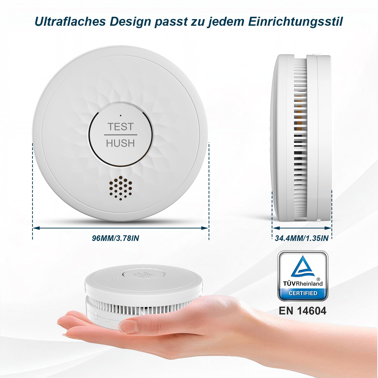 Rauchmelder 10 Jahre Lebensdauer, 5 Jahre Batterie（AA）, ohne Blinkende LED Feuermelder DIN EN 14604 TUV Zertifiziert 5er-Pack