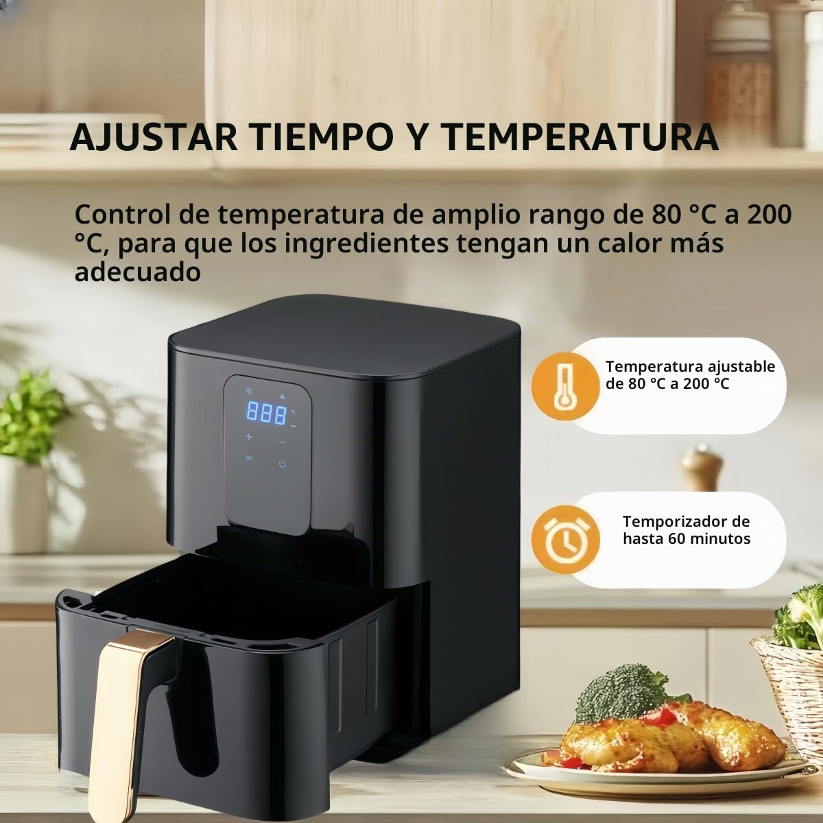 Freidora de aire 5.5 L freidora sin aceite 1400 W pantalla táctil 80‑200 °C,Temporizador 60 min, freidora aire bajo consumo, air fryer para 4‑6 personas,Cocina sana,fácil de usar y limpiar