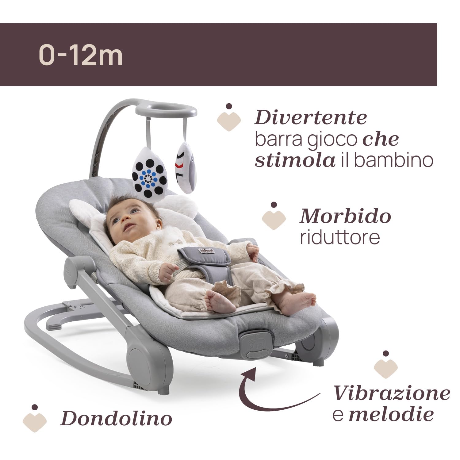 Chicco Sdraietta Mia 2in1, Sdraietta Neonato e Prima Sedia, Riduttore in Cotone Biologico, Barra Gioco Reversibile, Musica e Vibrazione, Modalità Dondolo o Fissa, Da 0 mesi a 18 kg